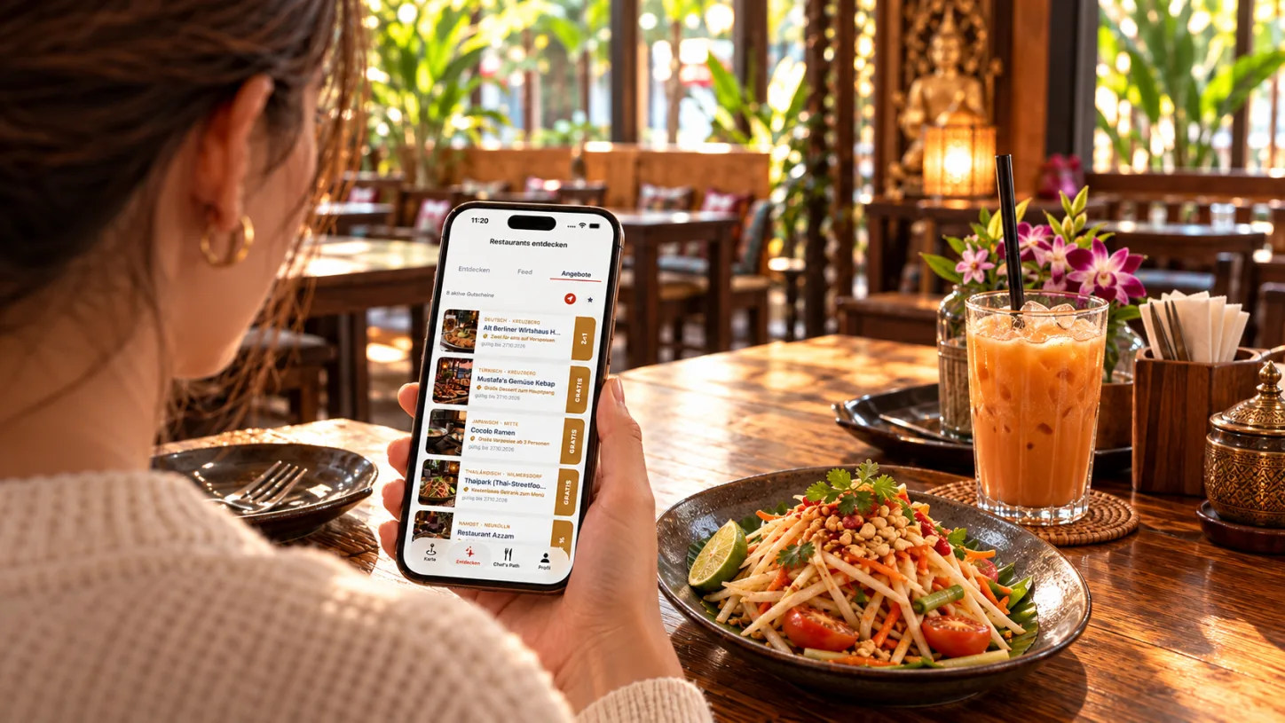 Eine Frau sitzt an einem Restauranttisch und hält ein Handy mit dem Tab Angebote der TSTE App, eine Liste von Restaurants mit Rabatten und Gratis-Extras.