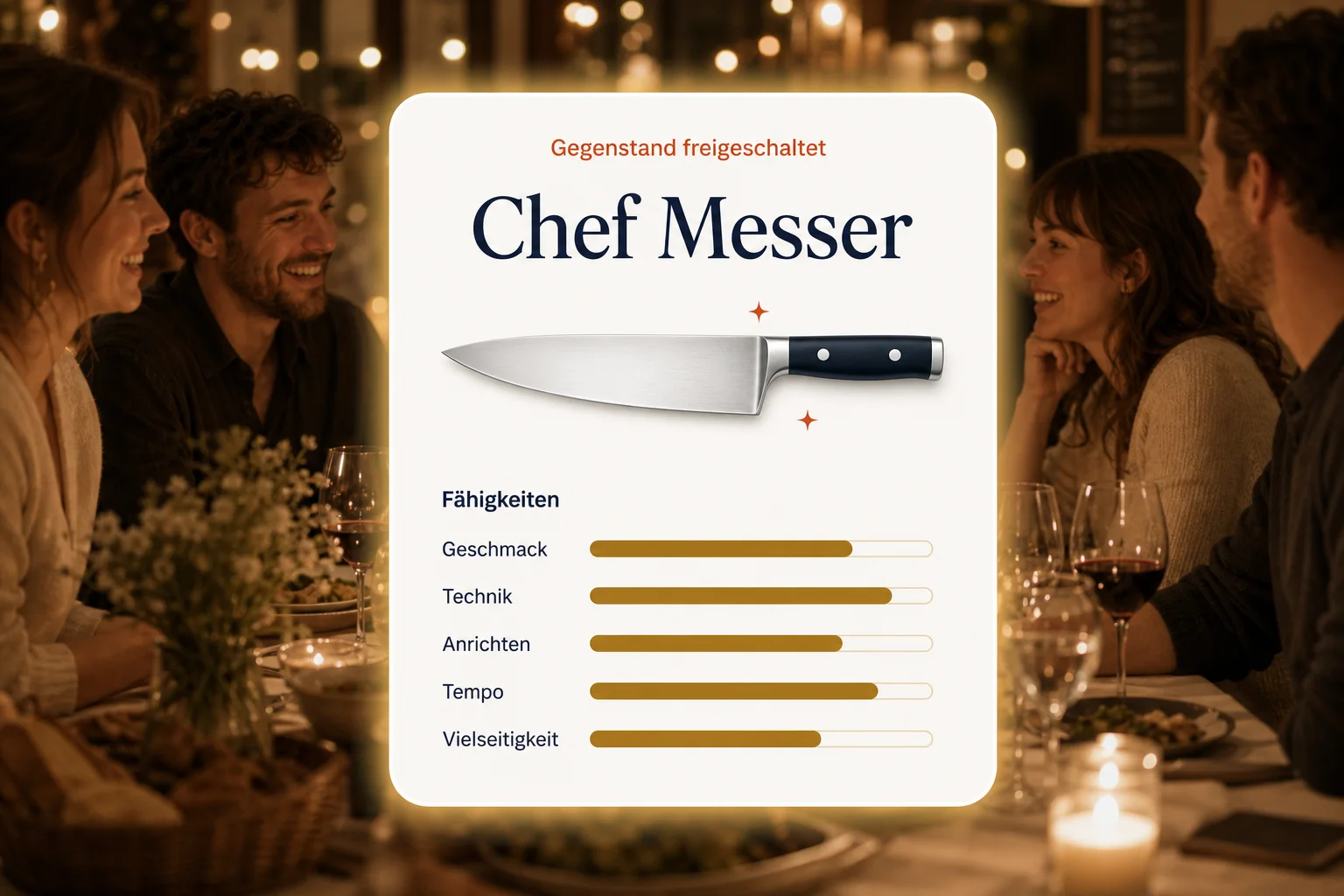 Eine Karte 'Gegenstand freigeschaltet: Chef Messer' schwebt über einem kerzenbeleuchteten Restauranttisch, mit Fähigkeitsbalken für Geschmack, Technik, Anrichten, Tempo und Vielseitigkeit.