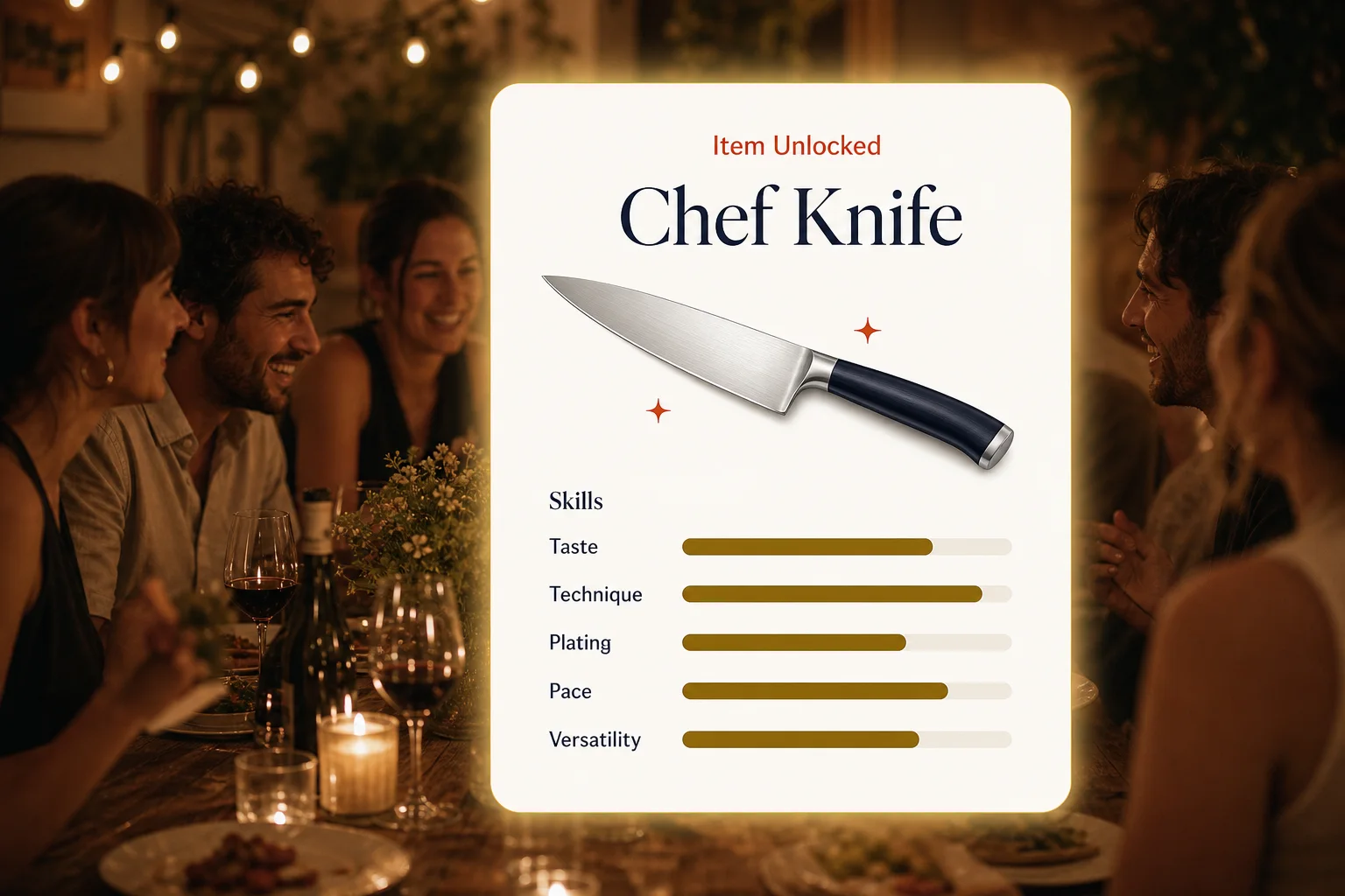 An 'Item Unlocked: Chef Knife' reward card floating over a candlelit restaurant table, listing taste, technique, plating, pace and versatility skill bars.