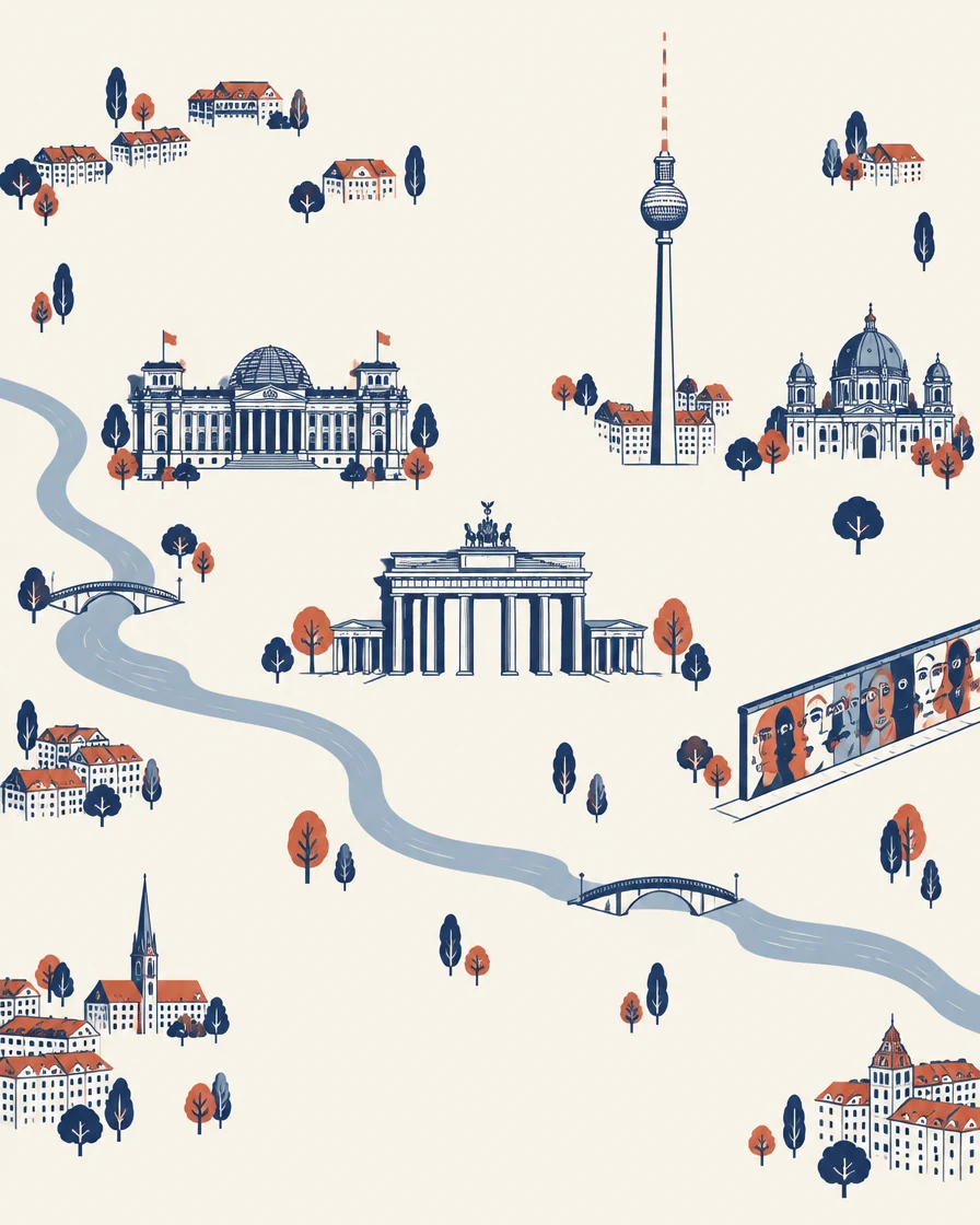 Illustrated map of Berlin with the Reichstag, Fernsehturm TV tower, Brandenburg Gate, Berlin Cathedral, East Side Gallery, and the Spree river