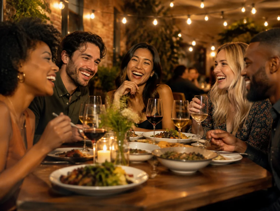A group of friends laughing together at a restaurant table, surrounded by string lights and shared dishes.