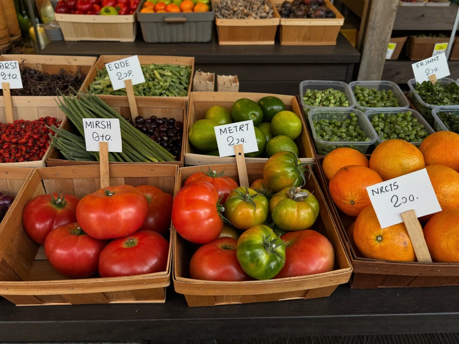A close-up of fresh produce at a food market.