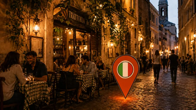A restaurant terrace at night with people dining, marked with a red location pin as a mission.