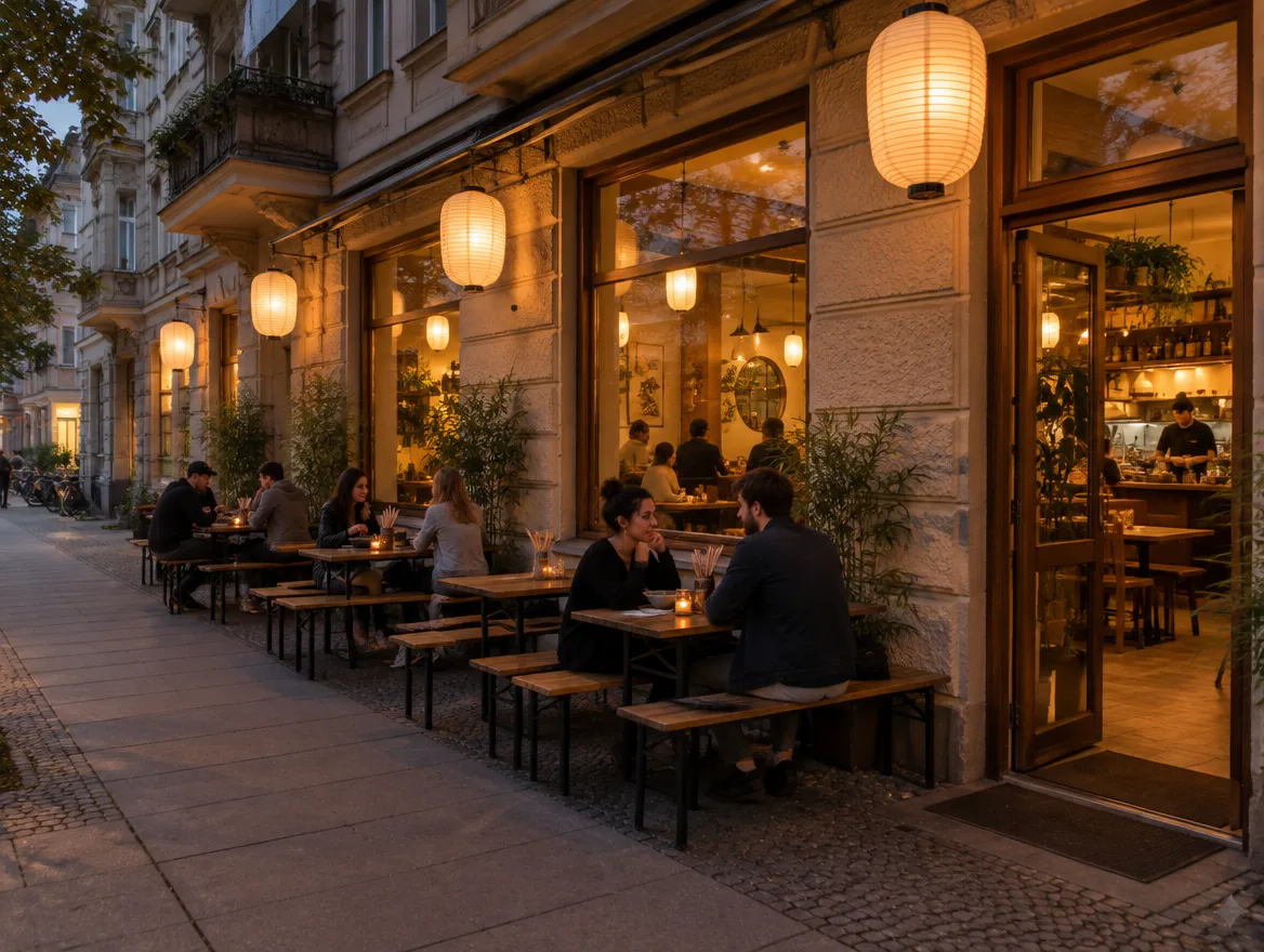 A wide sidewalk in front of a restaurant in Friedrichshain with wooden tables along the wall, paper lanterns and a view inside.