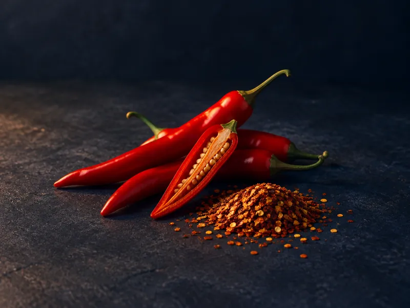 Fresh red chilies and chili flakes.