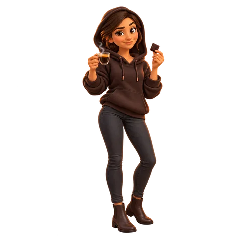 Dark Side: a woman in a hoodie with an espresso and dark chocolate.