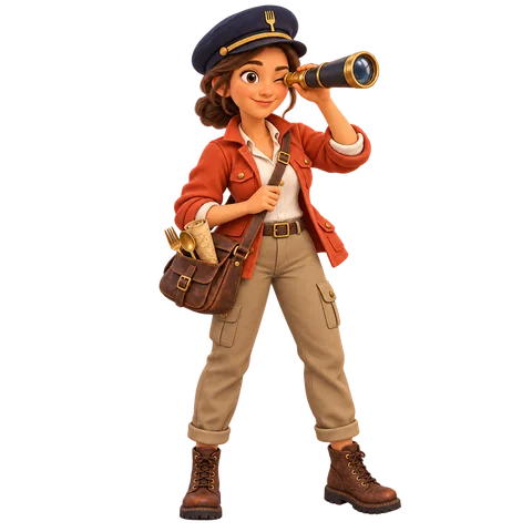 Captain Curious: an explorer in a captain’s hat looking through a spyglass.