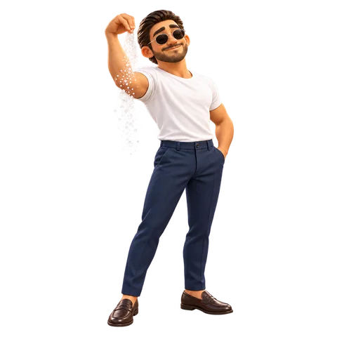 Salty Soul: a man in sunglasses lets salt trickle down his arm.