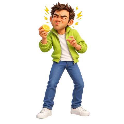 Sour Shock: a man bites into a lemon and winces.