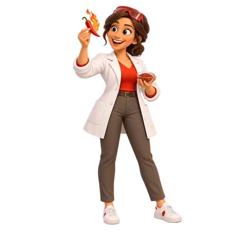 Dr. Spice: a woman in a lab coat holding up a flaming chili.
