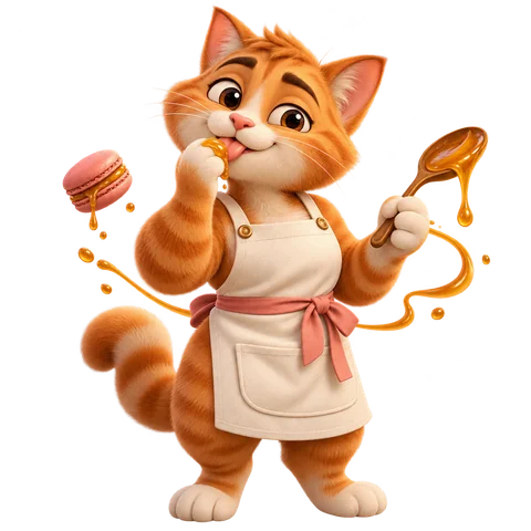 Sweet Tooth: a cat in an apron tasting a macaron and honey.