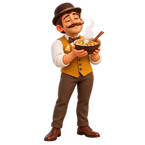 Mr. Umami: a gentleman with a bowler hat and moustache holding a steaming bowl of ramen.