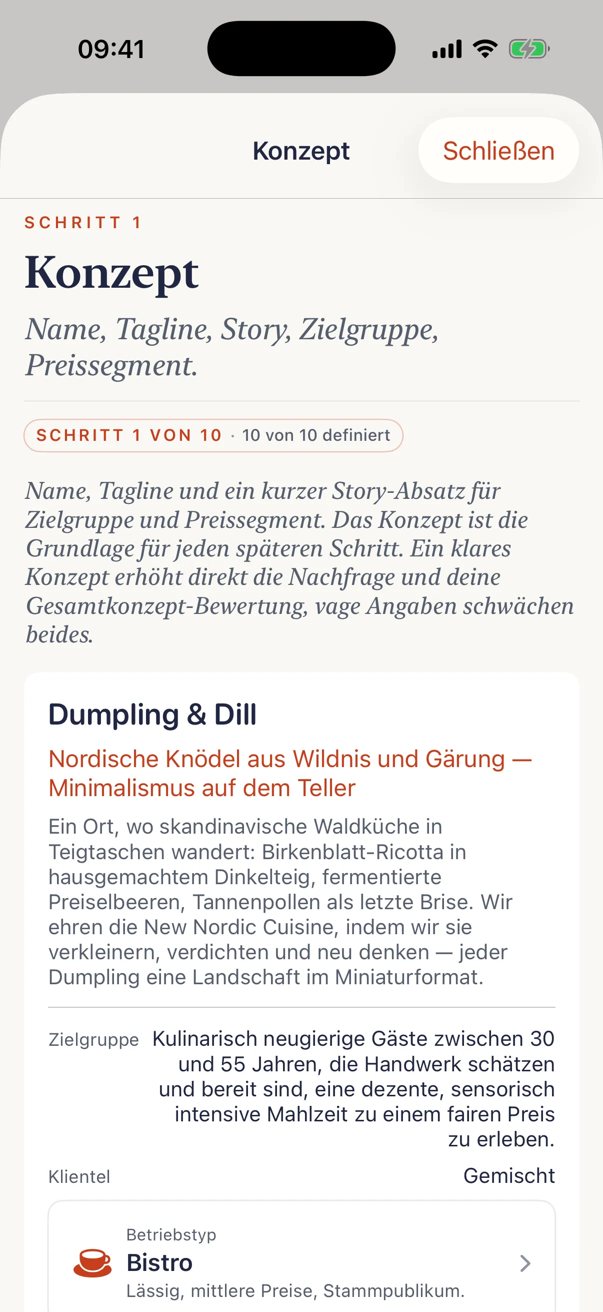 TSTE App: eigenes Restaurant im Chef's Path, Konzept-Bildschirm