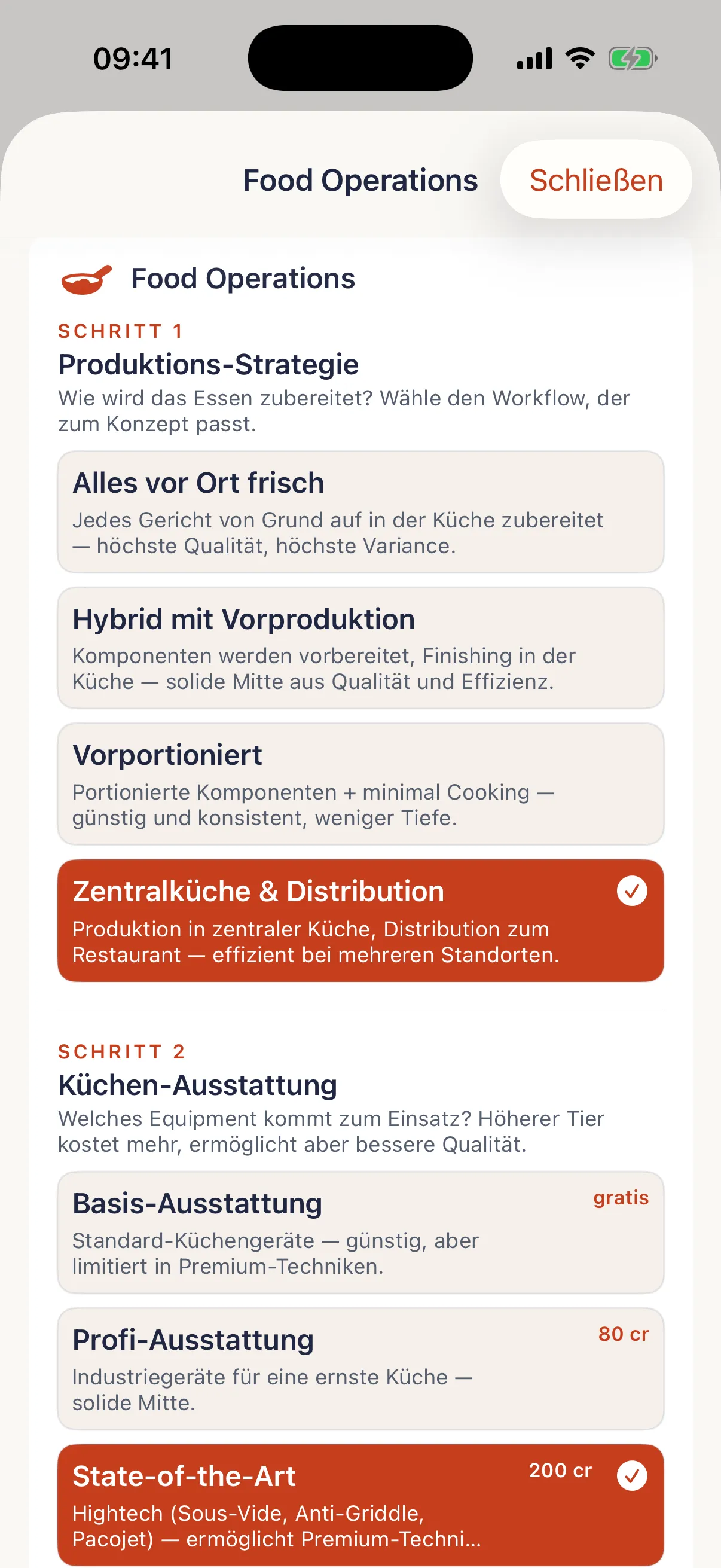 TSTE App: eigenes Restaurant im Chef's Path, Food-Operations-Bildschirm