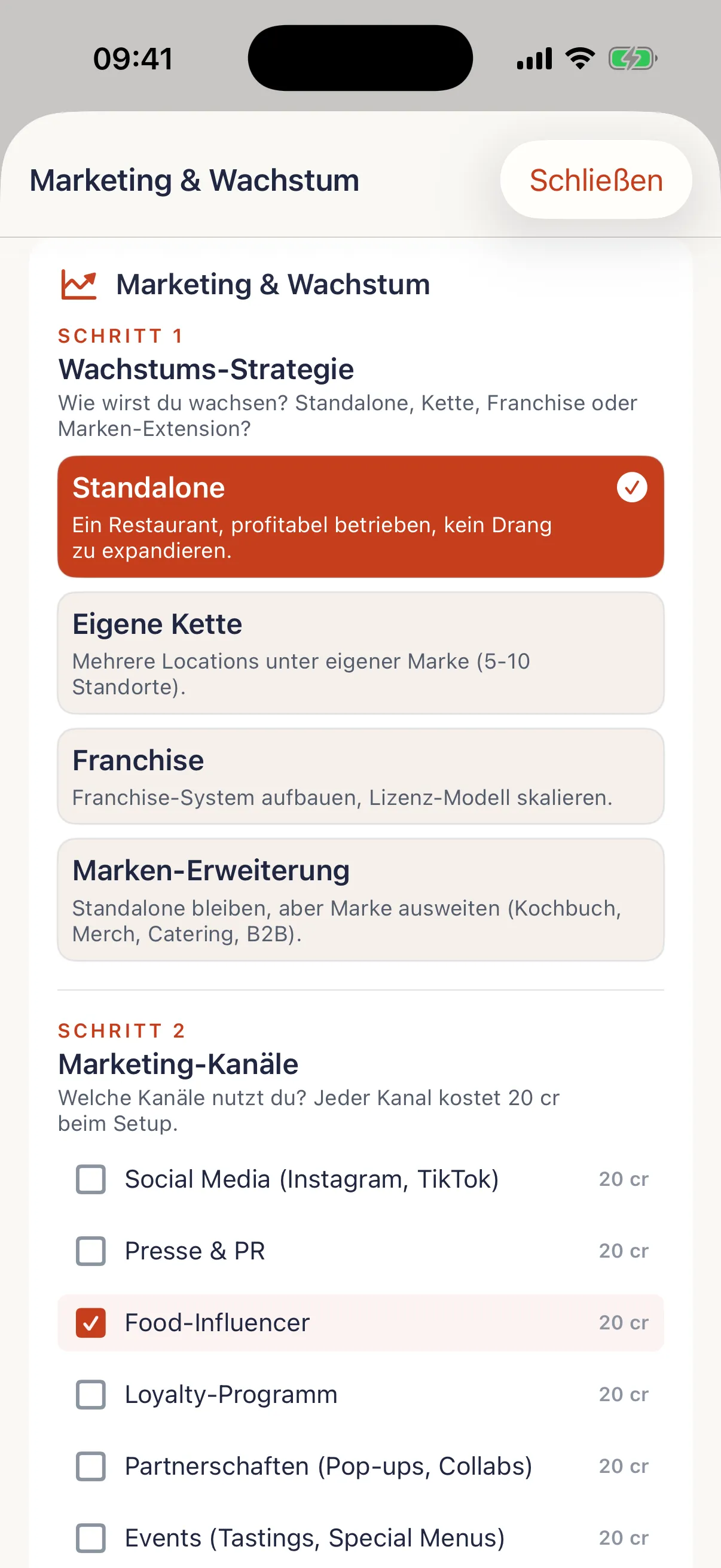 TSTE App: eigenes Restaurant im Chef's Path, Marketing & Wachstum-Bildschirm