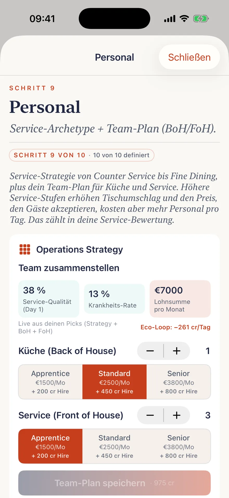 TSTE App: eigenes Restaurant im Chef's Path, Personal-Bildschirm