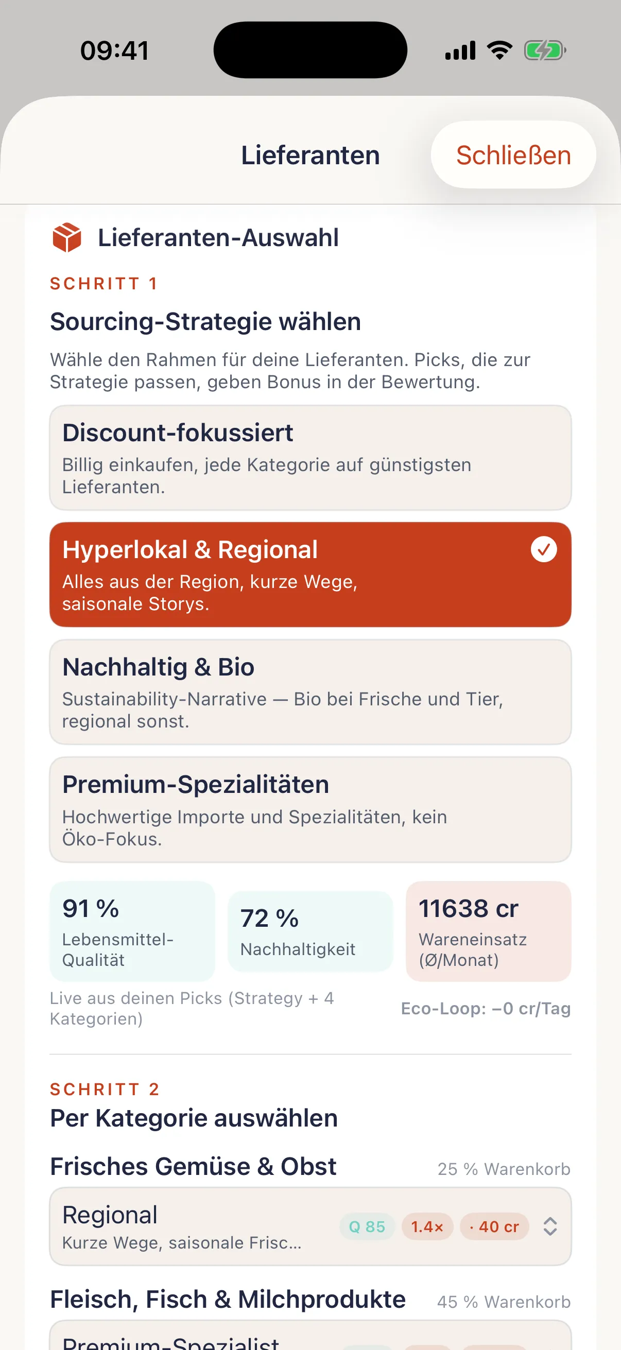TSTE App: eigenes Restaurant im Chef's Path, Lieferanten-Bildschirm