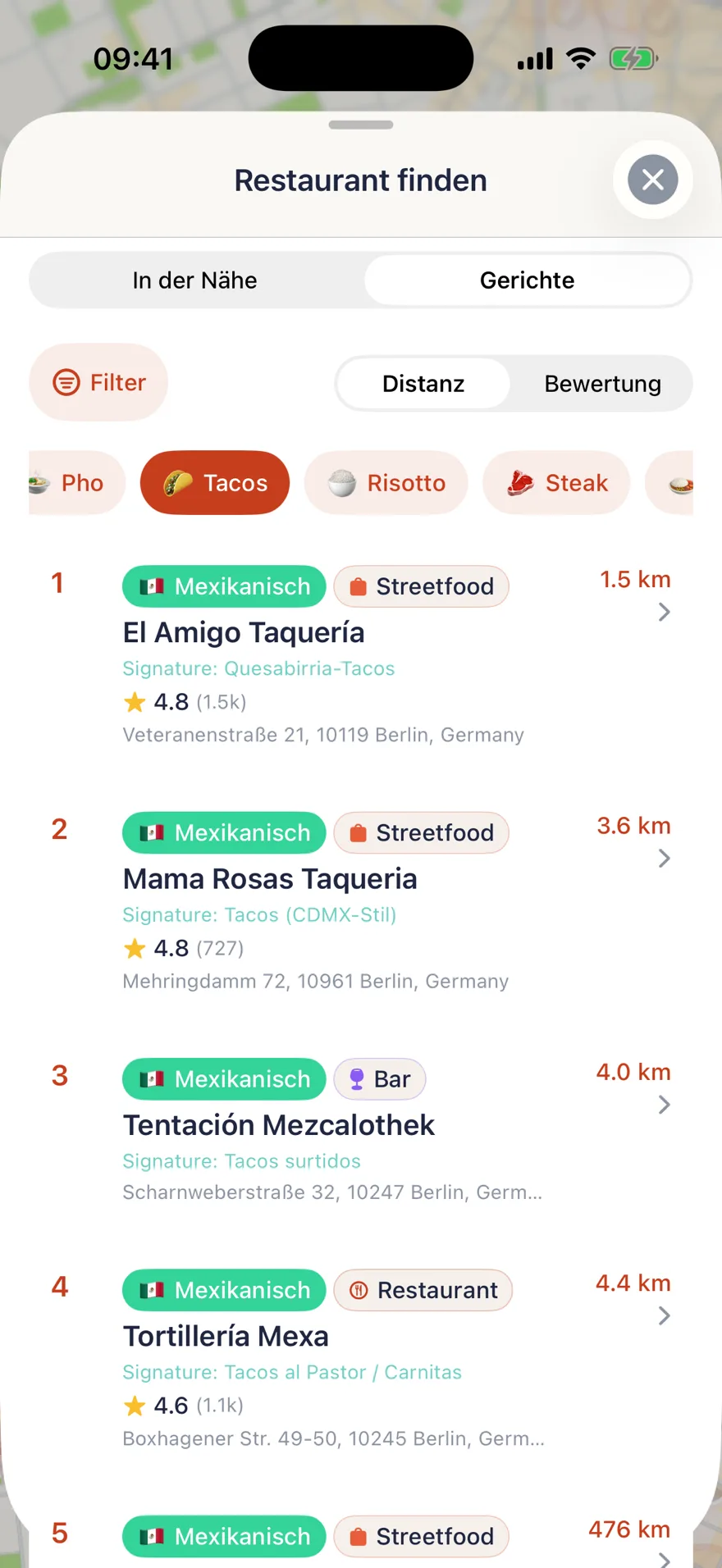 TSTE App: Gerichte-Suche, Ergebnisse für Tacos