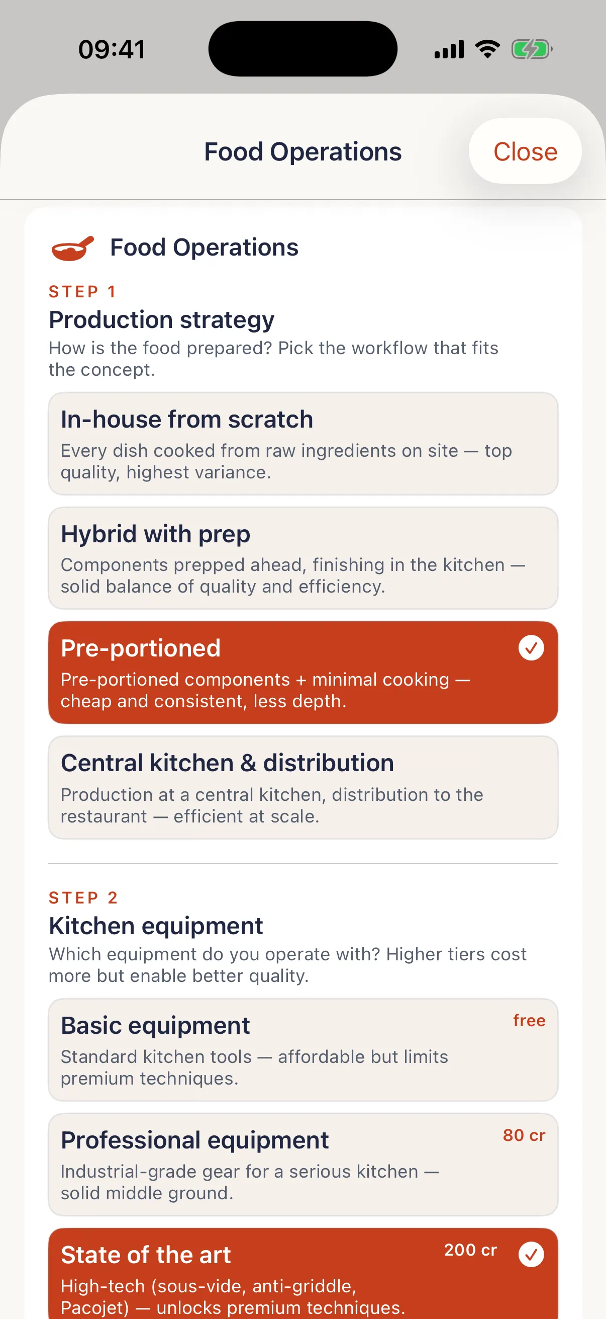 TSTE app: your own restaurant in Chef's Path, food operations screen