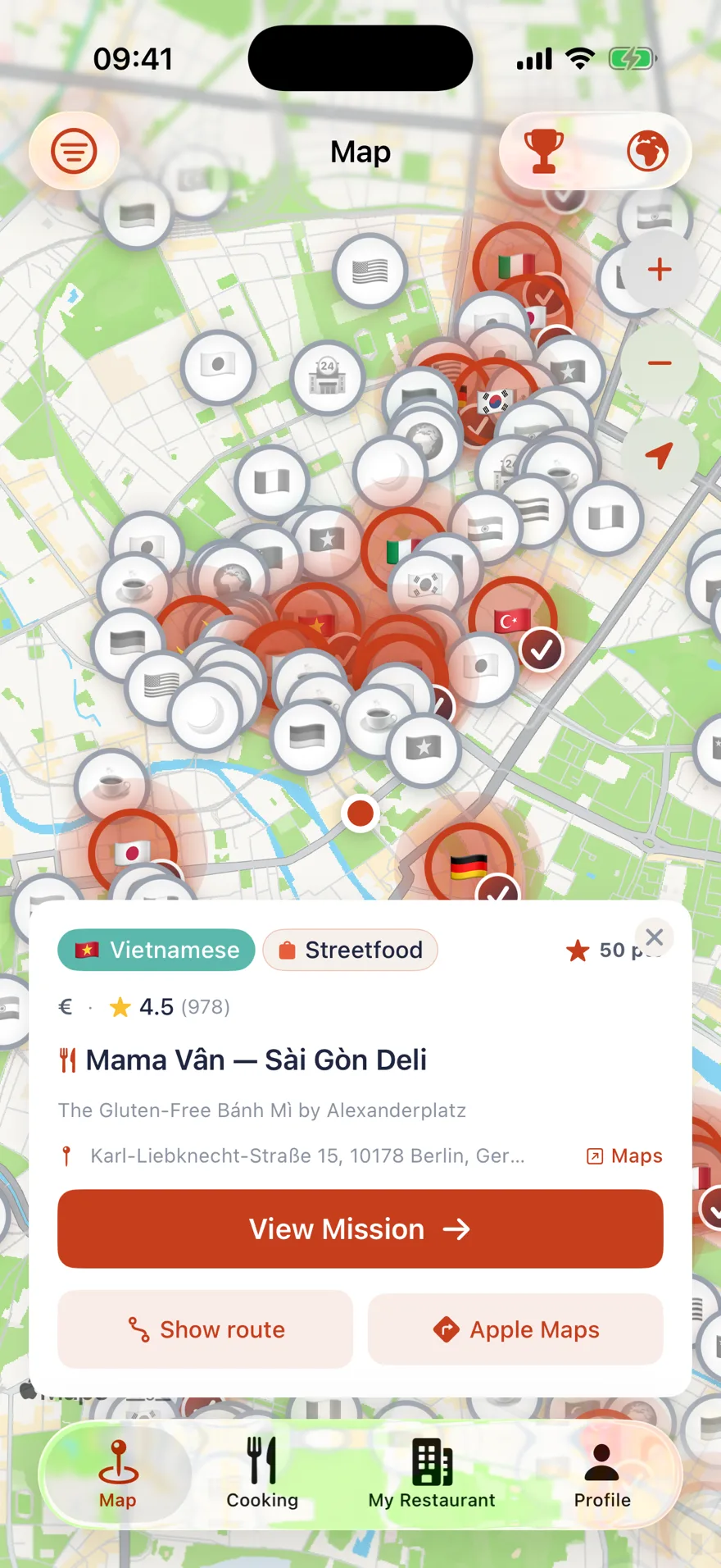 TSTE app: map with restaurant pins