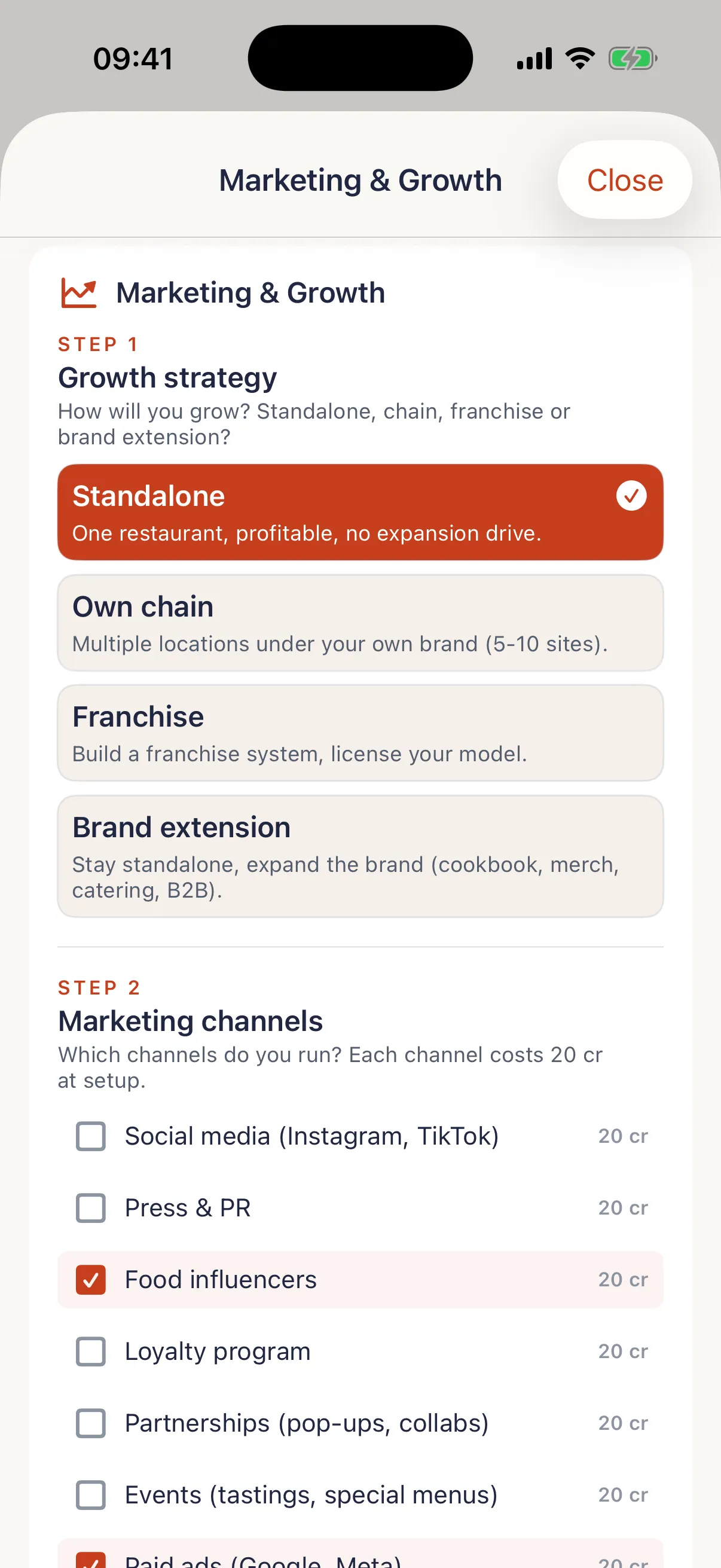 TSTE app: your own restaurant in Chef's Path, marketing & growth screen