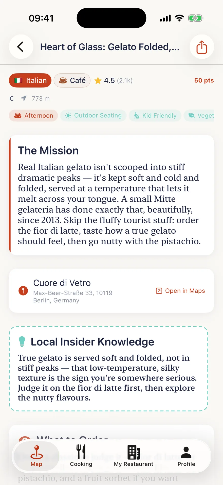 TSTE app: restaurant mission with brief and insider tip