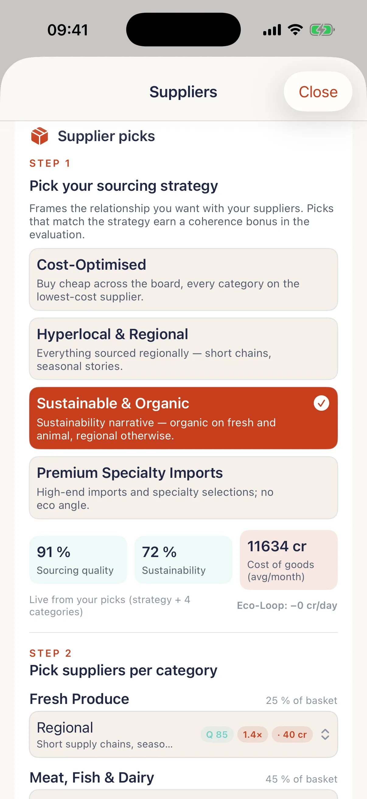 TSTE app: your own restaurant in Chef's Path, suppliers screen