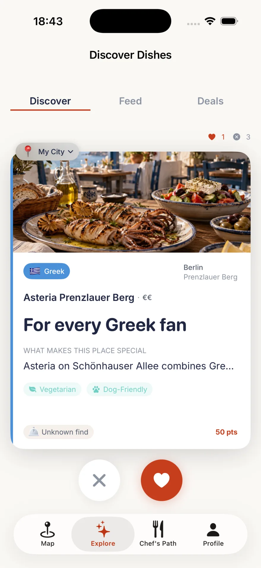 TSTE app: a swipeable restaurant card in the “Discover” tab showing a Greek restaurant in Berlin, with buttons to skip or save it.