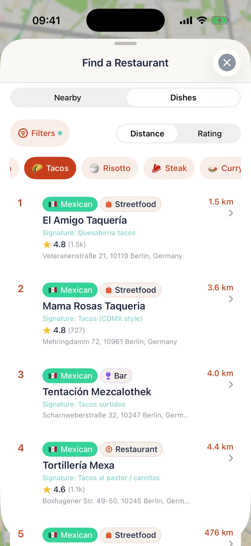 TSTE app: dish search, results for tacos